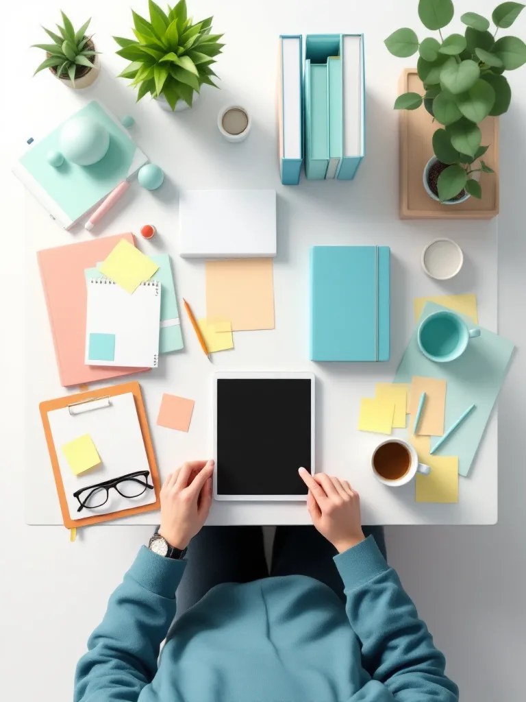 Escritorio visto desde arriba con tablet, libros y café