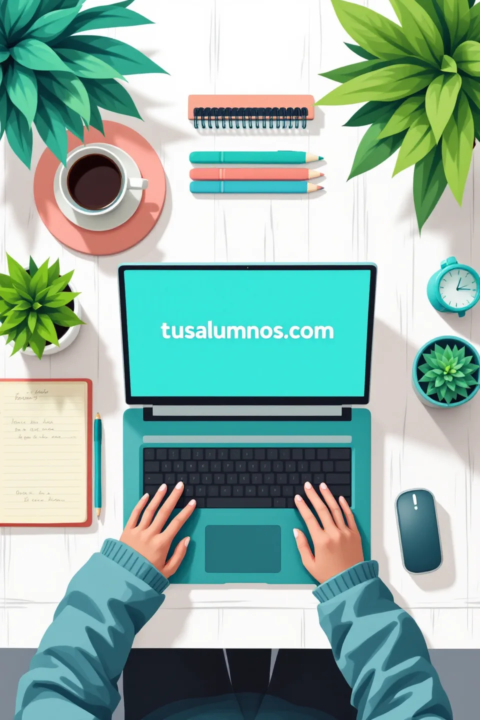 Laptop teal con materiales de estudio vistos desde arriba