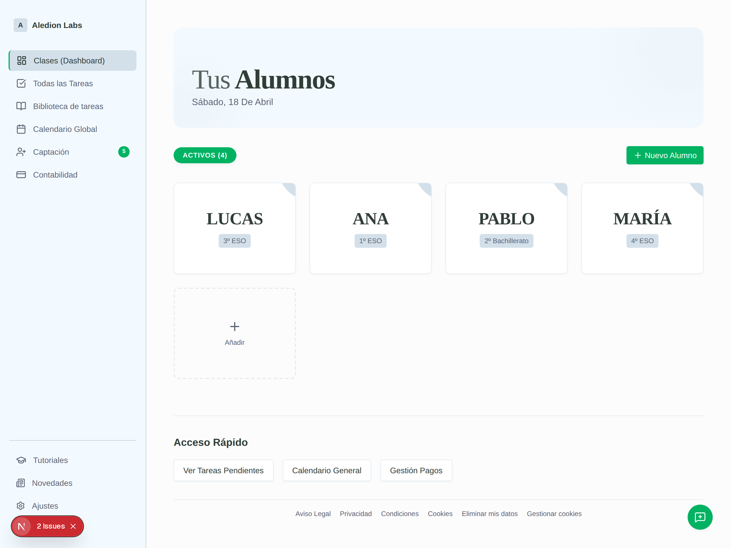 Dashboard de tusalumnos.com con tarjetas de los alumnos