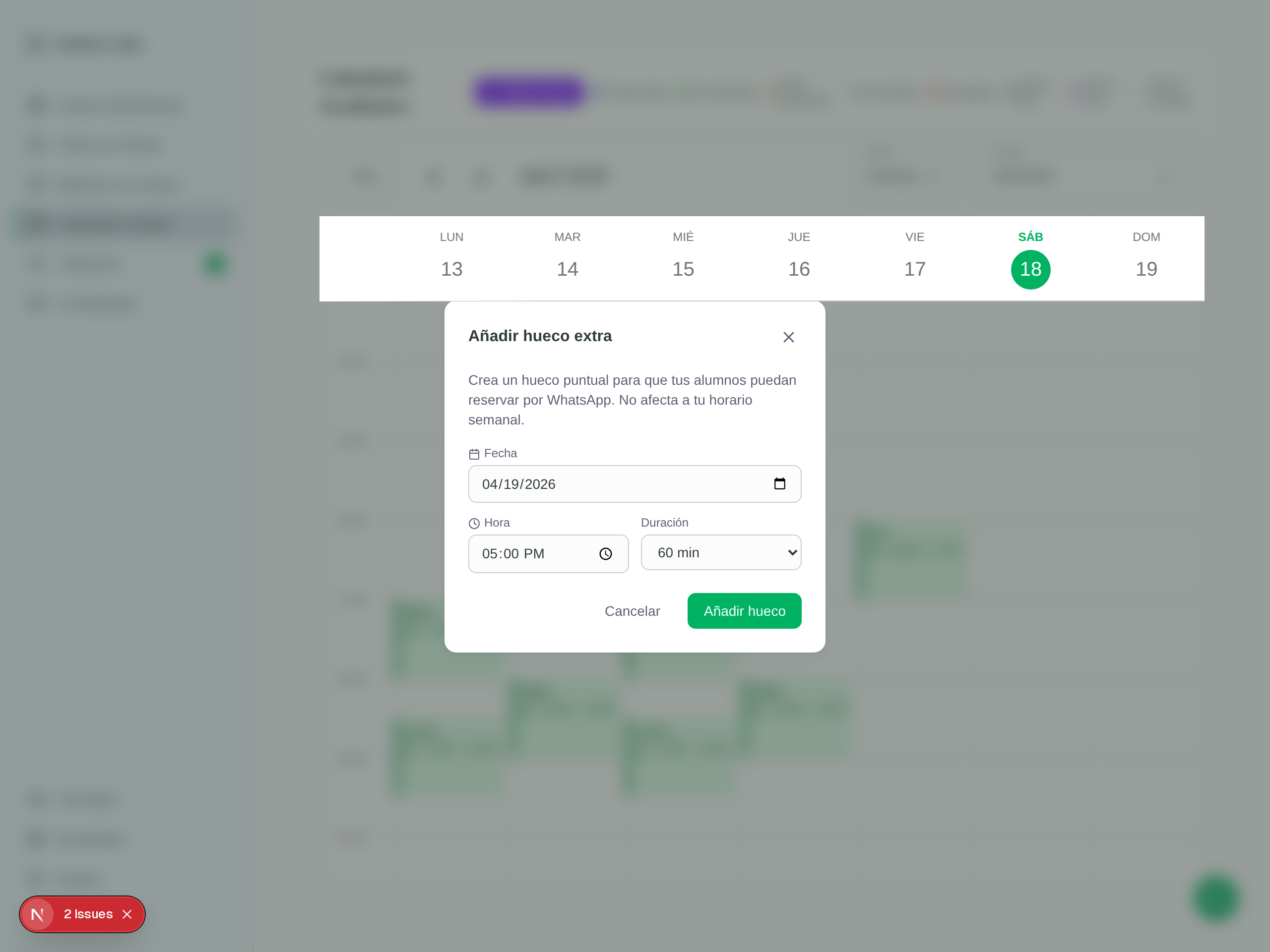 Modal de tusalumnos.com para abrir un hueco extra reservable por WhatsApp